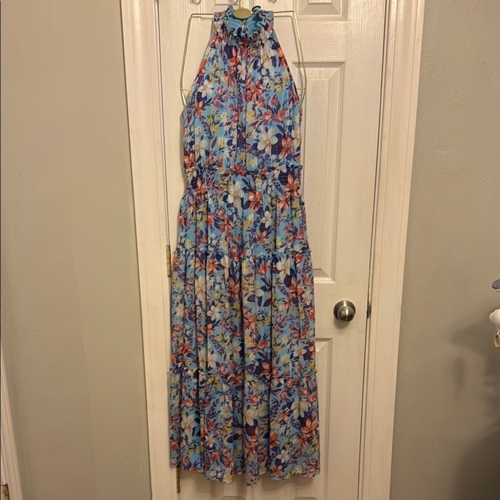 Taylor Blue Halter Chiffon Maxi Dress